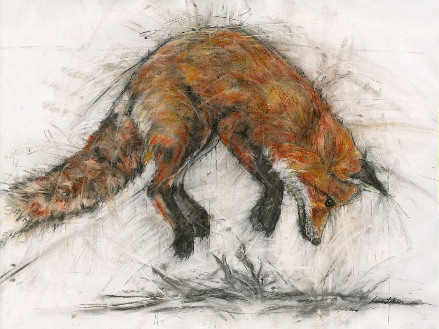 "Pouncing Fox," Framed 26" x 34" - Original Drawing